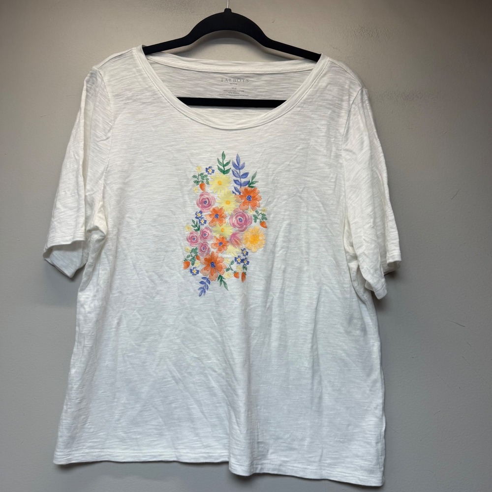 Talbots Floral Graphic T-Shirt Womens XLp White Excellent Cotton Modal Tee